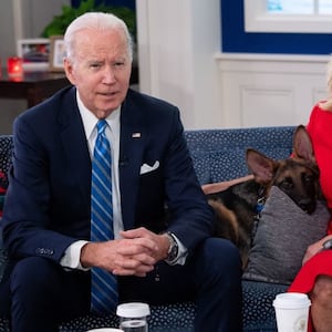 US President Joe Biden and US First Lady Jill Biden, with their dog Commander