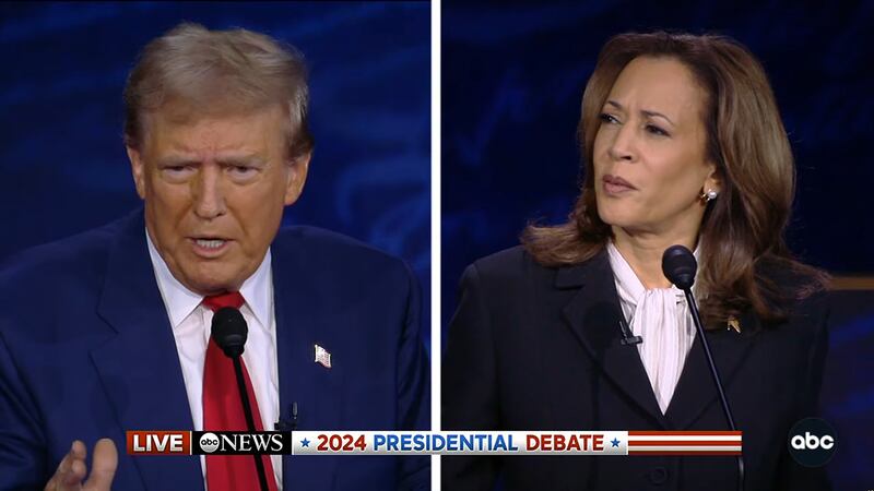 A split screen of Harris and Trump in the debate