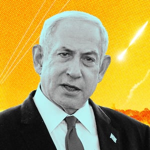 A photo illustration of Israel PM Benjamin Netanyahu and Iranian strikes on Israel.