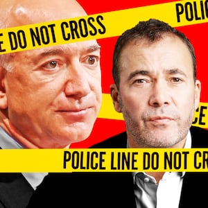 A photo illustration of Jeff Bezos and Will Lewis covered in police tape