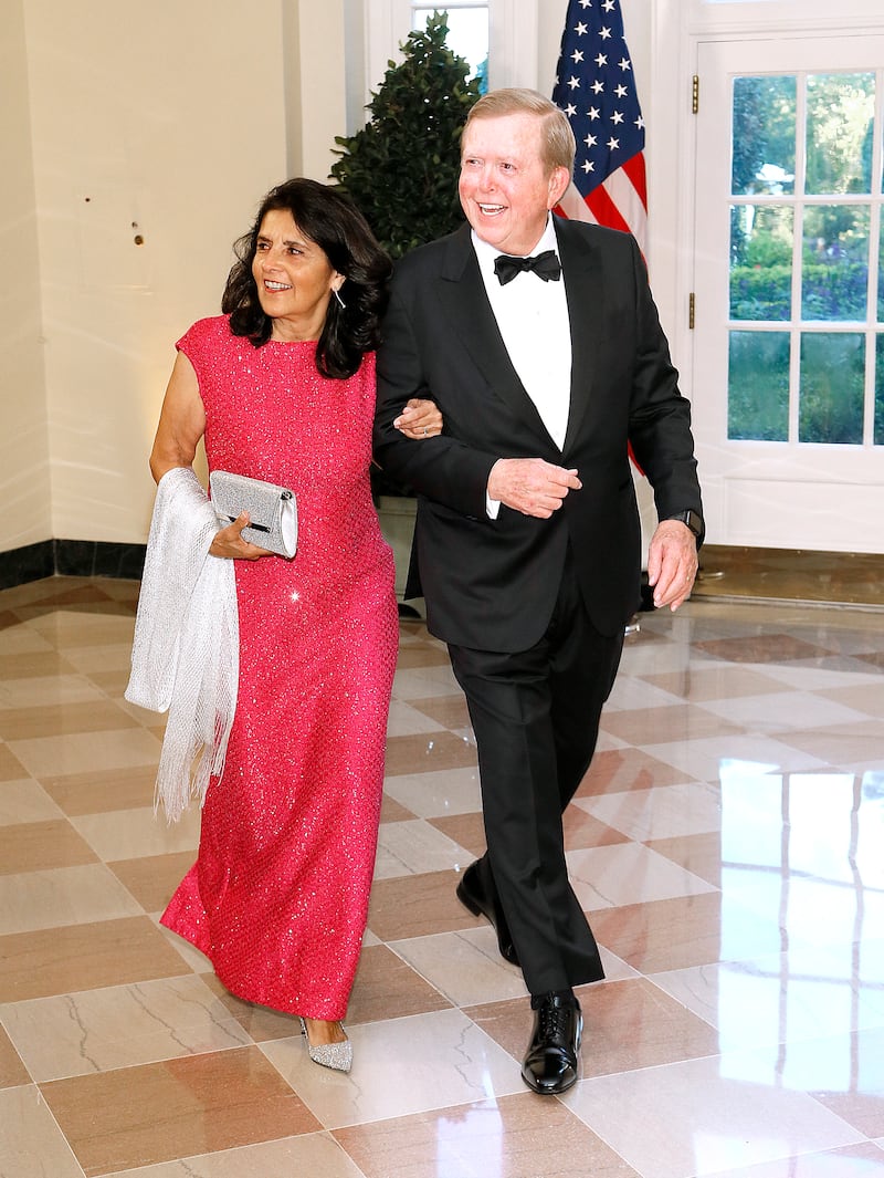 Television presenter Lou Dobbs (R) and Debi Segura arrive for the State Dinner at The White House honoring Australian PM Morrison on September 20, 2019 in Washington, DC.