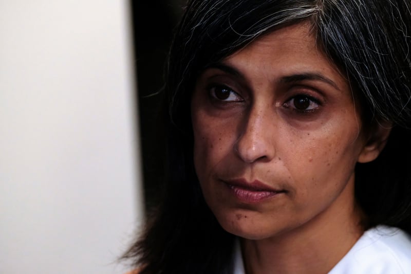 Usha Vance looks on as her husband Republican U.S. vice presidential nominee JD Vance speaks at the Milwaukee Police Association in Milwaukee, WI on August 16, 2024.