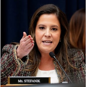 Kathy Manning (D-NC) reacts during U.S. President Joe Biden's visit to North Carolina Agricultural and Technical State University (L). Elise Stefanik (R-NY) speaks during a House Education and The Workforce Committee hearing (R).