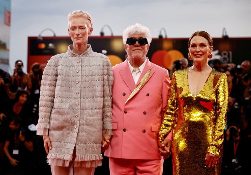 Tilda Swinton, Pedro Almodovar and Julianne Moore on the red carpet during the Venice Film Festival on September 2, 2024.