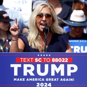 U.S. Representative Marjorie Taylor Greene (R-GA) speaks on the day of former U.S. President Donald Trump's \"Make America Great Again\" rally in Pickens, South Carolina, U.S., July 1, 2023.