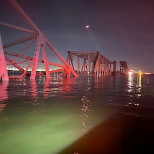 A view of the collapsed Francis Scott Key Bridge in Baltimore. 