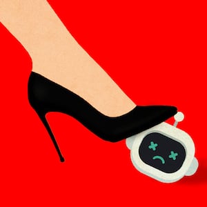 An illustration of a woman's foot in high heels stepping on the head of a robot