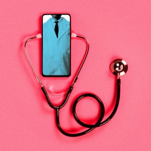 An illustration including an iphone, doctors lab coat, and a stethoscope