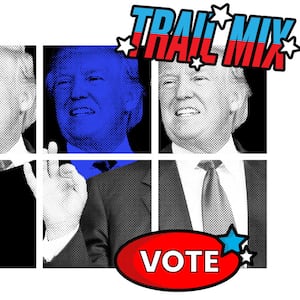 A photo illustration featuring Donald trump in red, white, and blue