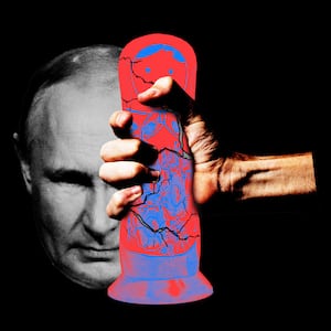 Illustration showing Putin in the background, hand crushing a  figurine