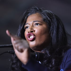  Kristina Karamo speaks at a rally hosted by former President Donald Trump.