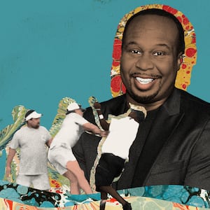 Photo illustration of Roy Wood Jr and a screenshot of a brawl on a Montgomery boat dock on a blue background