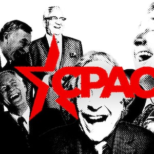  Photo illustration of the CPAC logo on top of distorted photos of men laughing