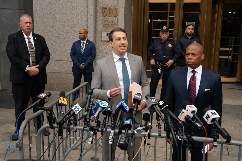 Mayor Eric Adams lawyer Alex Spiro speaks to the media alongside his client outside Manhattan Federal Court Friday, September 27, 2024 in Manhattan, New York. (Barry Williams for New York Daily News via Getty Images)