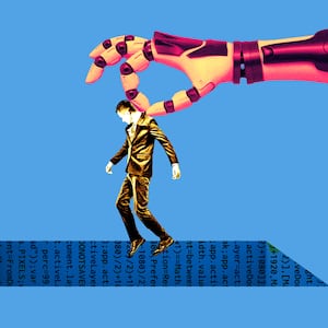 A photo illustration of a robot holding a businessman over a hole with computer code.