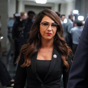 Lauren Boebert (R-CO) departs during a break in a House Republican Conference meeting as Republicans work to restart their effort to pick a new leader