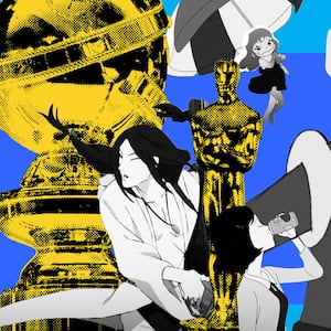 A photo illustration of stills from Inu-Oh, Night is Young, Walk on Girl, Mind Game, and Lu Over the Wall with a Golden Globe and Oscar statuette.