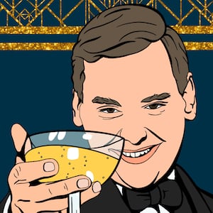 Illustration of George Santos as Jay Gatsby with an art deco background