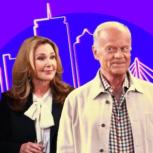 A photo illustration of Peri Gilpin and Kelsey Grammer.