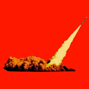 Photo illustration of a missile on a red background