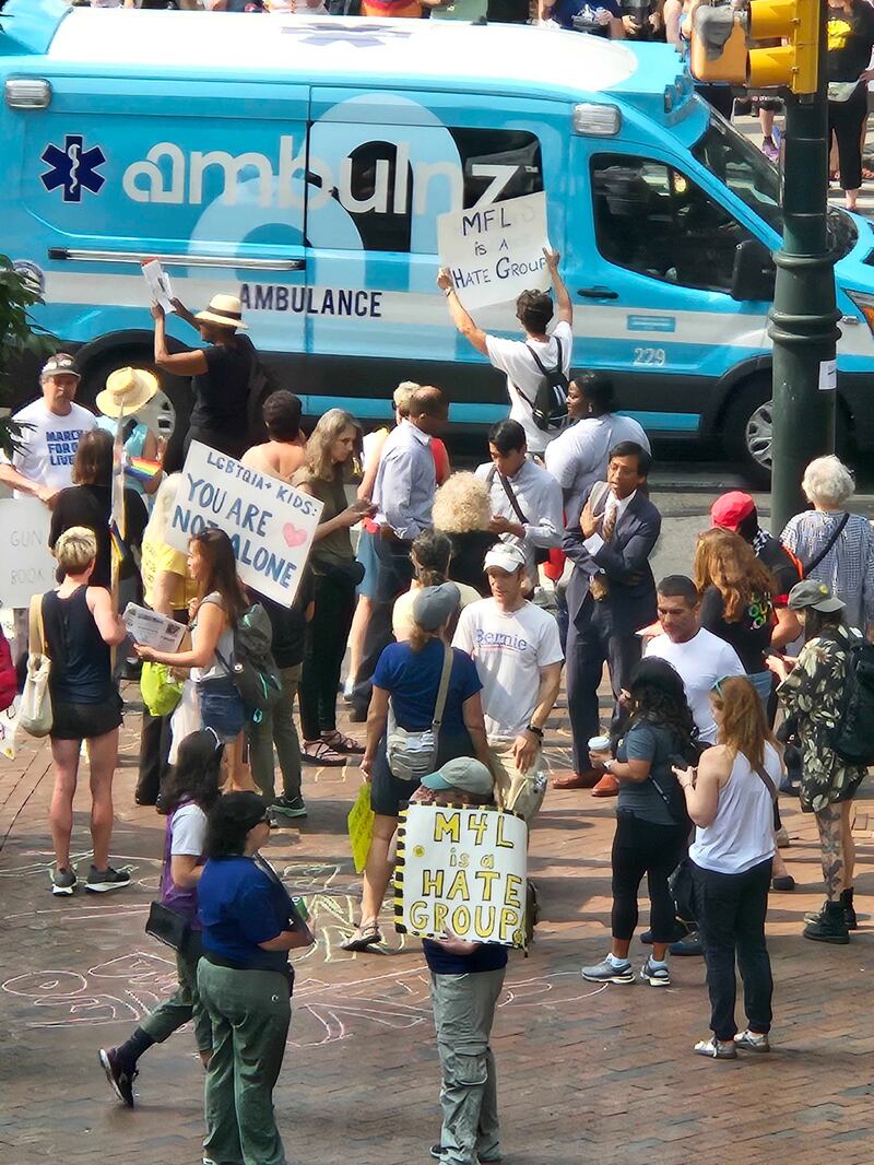 Protesters massed outside the Moms for Liberty summit at the Philadelphia Marriott Downtown, where Donald Trump and Ron DeSantis were planned to speak.