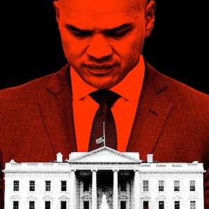 A photo illustration of Walt Nauta looking down behind the White House.