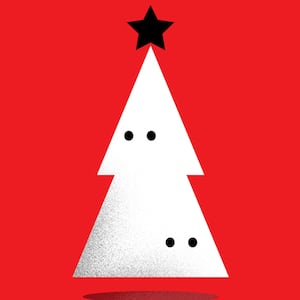 An illustration of a white Christmas tree made from KKK hoods.