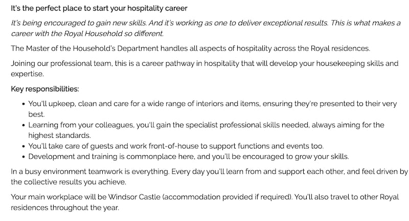 A job description for a housekeeping position with The Royal Household.