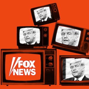 A photo illustration of TVs with images of Donald Trump and the Fox News logo.