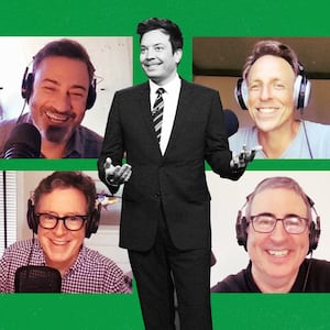 A photo illustration of Strike Force Fice Podcast hosts Stephen Colbert, Jimmy Fallon, Jimmy Kimmel, Seth Meyers and John Oliver.