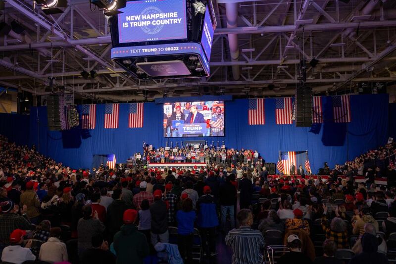 Republican presidential candidate, former U.S. President Donald Trump speaks to supporters during a campaign event at the Whittemore Center Arena on December 16, 2023 in Durham, New Hampshire.