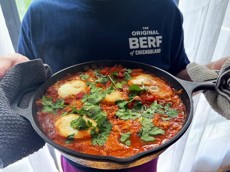 A cast iron of shakshuka.