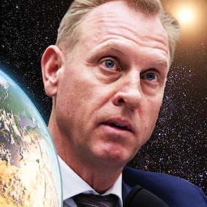 illustration of earth on left side and acting defense secretary patrick shanahan on right side with black space littered with stars background behind them space force donald trump wilbur ross 3 trillion economic economy war