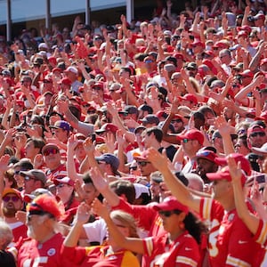 Kansas City Chiefs fans performing the tomahawk chop, Sept. 26, 2021.