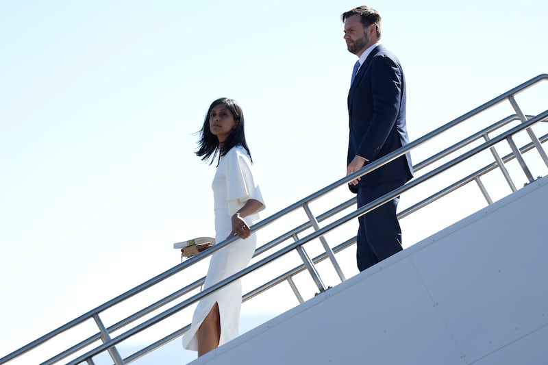 Republican vice presidential nominee U.S. Sen. JD Vance (R-OH) and his wife Usha Vance walk off “Trump Force 2” at Reno-Tahoe International Airport on July 30, 2024 in Reno, Nevada.