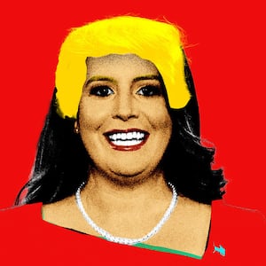 Photo illustration of Elise Stefanik with Trump hair on a red background