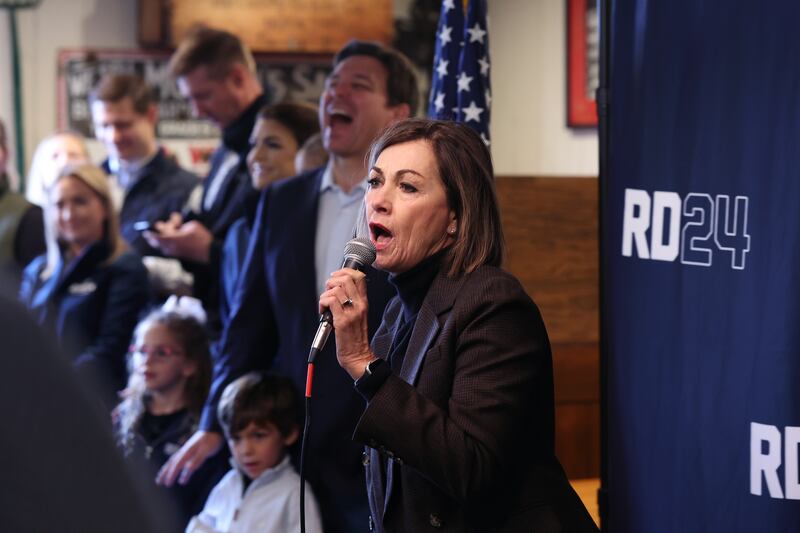 Iowa Gov. Kim Reynolds introduces Ron DeSantis during a campaign event.