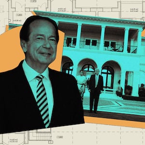 A photo illustration showing John Paulson and Donald and Melania Trump at Paulson’s mansion where they held a campaign fundraiser.