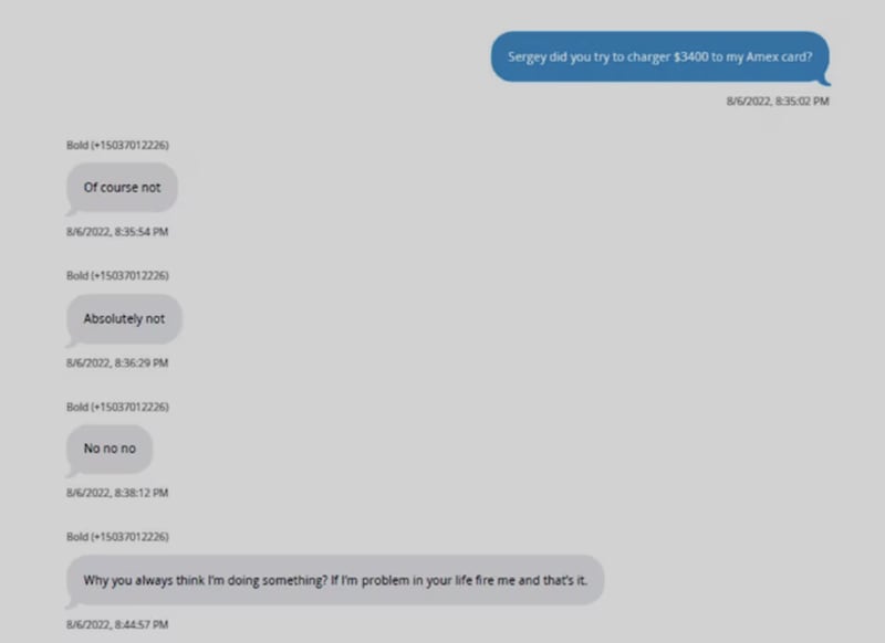 Text messages between Win McCormack, right, and Sergey Lebedenko, left.