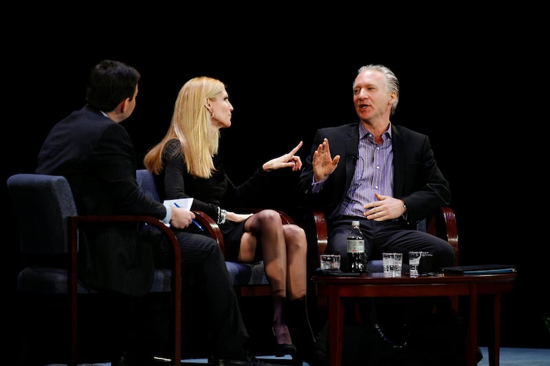 Ann Coulter and Bill Maher pointing at each other