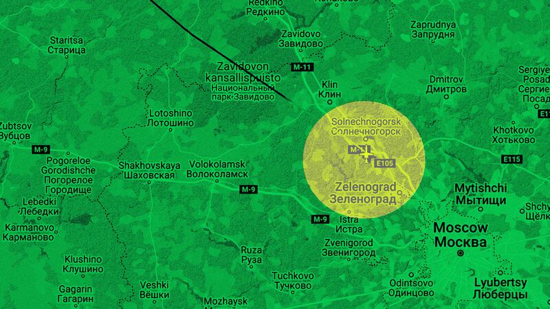 Map of Tver region in Russia marked with site of plane crash.