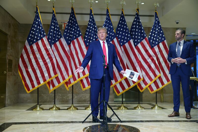 Former President Donald Trump speaks to the media following closing arguments at his civil fraud trial on Jan. 11, 2024 in New York City.