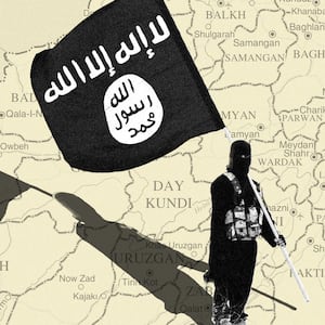 A photo illustration showing a masked Islamic State soldier holding an ISIS flag over the map of Afghanistan.