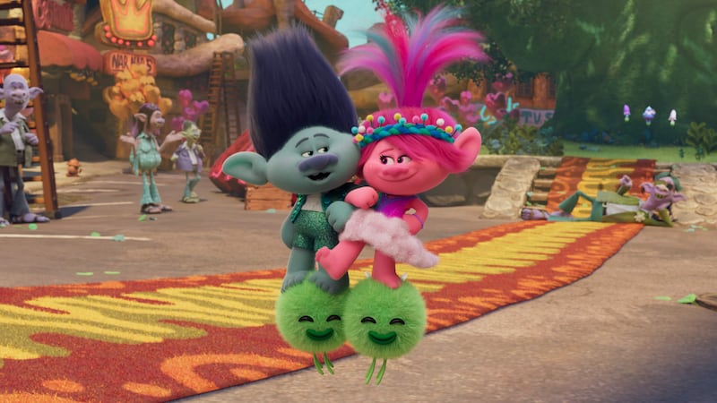 Photo still of Justin Timberlake and Anna Kendrick's characters in Trolls Band Together