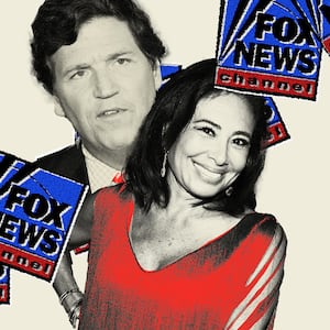 Photo illustration of several Fox News logos with Jeanine Pirro and Tucker Carlson on a beige background.