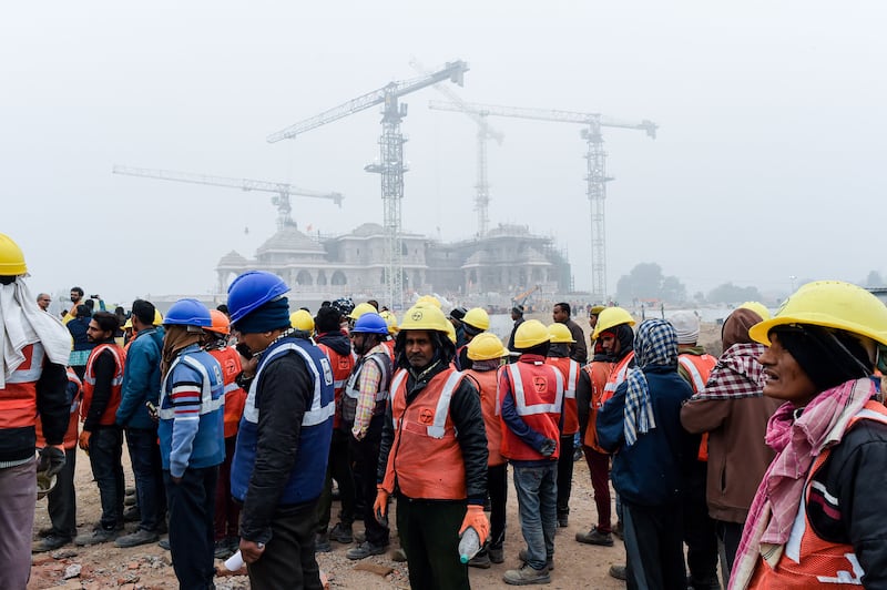 Workers are seen at construction site for the temple of Hindu Lord Ram on December 29, 2023 in Ayodhya, India.