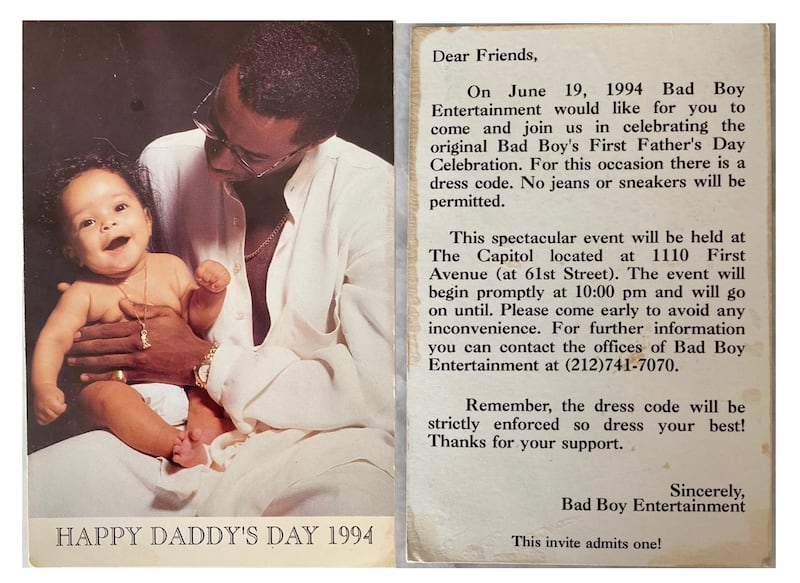 An invite to a “Happy Daddy’s Day” party hosted by Sean Combs in 1994.