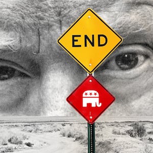 A photo illustration of an “End of Road” sign in the middle of the desert with a large Donald Trump looming in the background