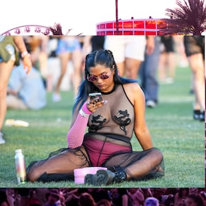 A photo illustration of a woman at Coachella sitting on the ground looking at her phone