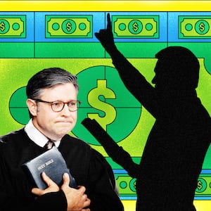 A photo illustration of House Speaker Mike Johnson holding a Bible, a silhouette of a preacher, and a stained glass money background.